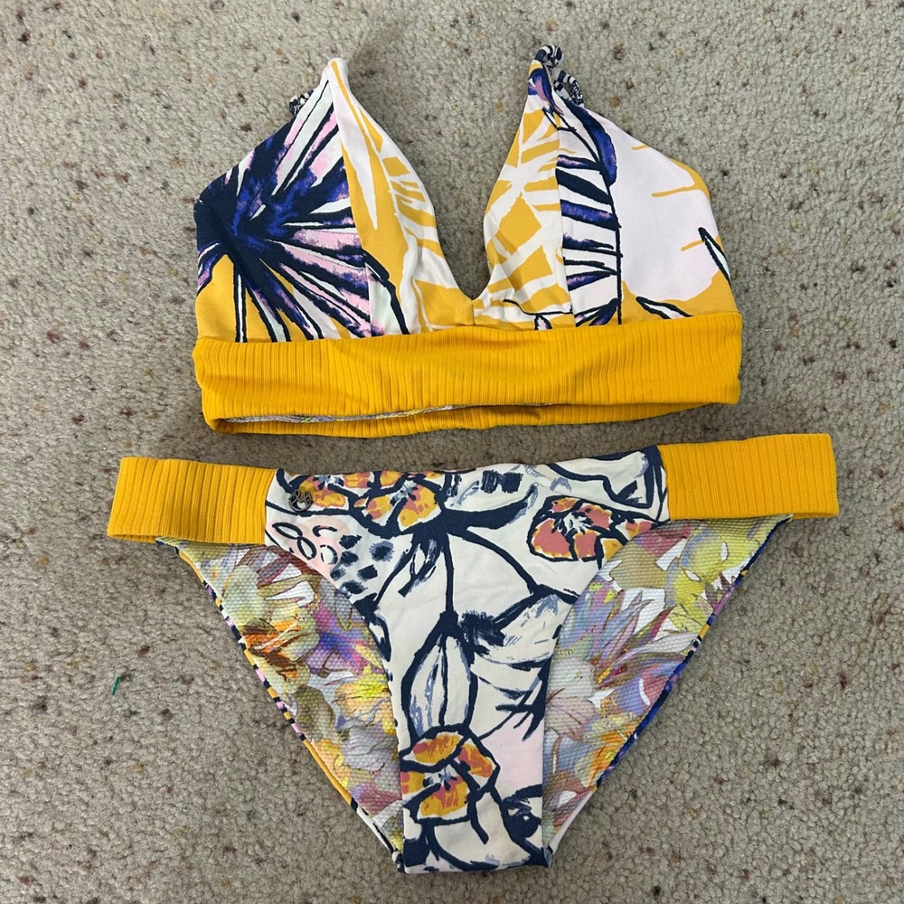 Maaji Bikini Set Yellow Floral Tropical Reversible Size Small Women's